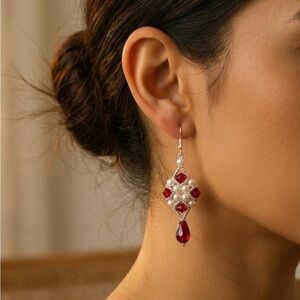 Elegant Silver red Pearl Drop Earrings